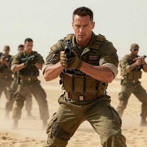 Photograph of a muscular, serious male soldier in tactical gear, aiming a gun in a dusty, desert battlefield with blurred teammates in the background. 