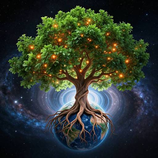 Digital artwork of a vibrant orange-blossomed tree with glowing fruits, roots extending to Earth, set against a cosmic background.