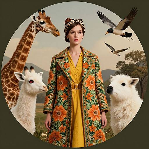 Photograph of a pale-skinned woman in a vibrant floral coat and yellow dress, surrounded by a giraffe and two white goats, with a bird
