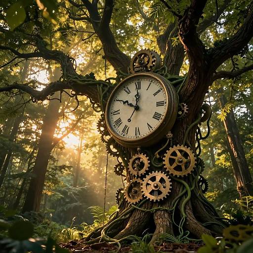 Photograph of a whimsical clock tree in a sunlit forest, with large gears and a white clock face embedded in a twisted, gnarled