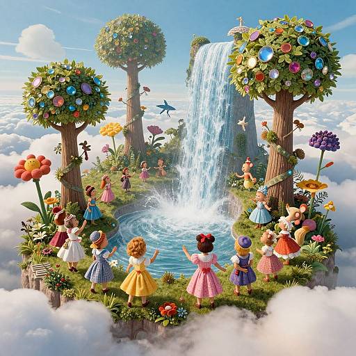 Whimsical digital illustration of colorful, cartoon girls in dresses admiring a waterfall surrounded by vibrant flowers, trees, and fluffy clouds.