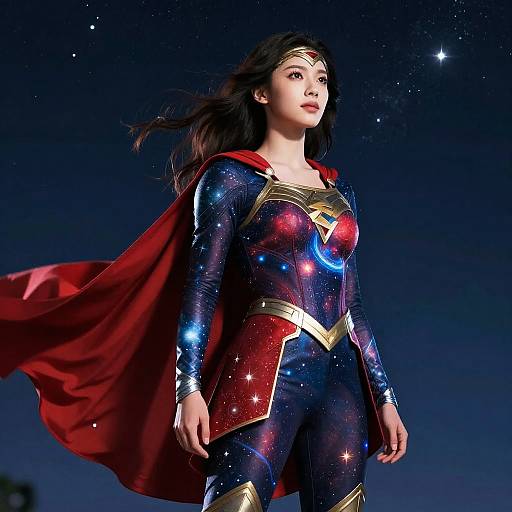 Photograph of a confident woman in a cosmic Wonder Woman costume with a red cape, standing against a starry night sky.