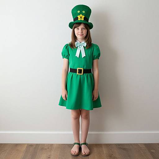Photograph of a young girl in a green leprechaun costume with a tall hat, dress, black belt, and sandals, standing against a