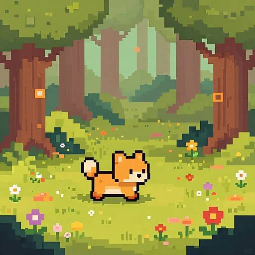 Pixel art of an orange fox standing in a vibrant forest clearing with colorful flowers, tall trees, and a misty background.
