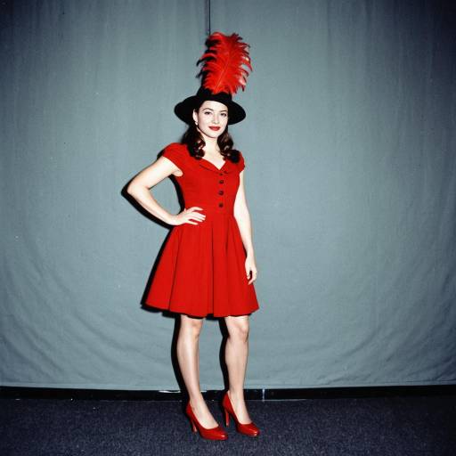 Woman in Red Broadway Show Costume with Feathered Hat