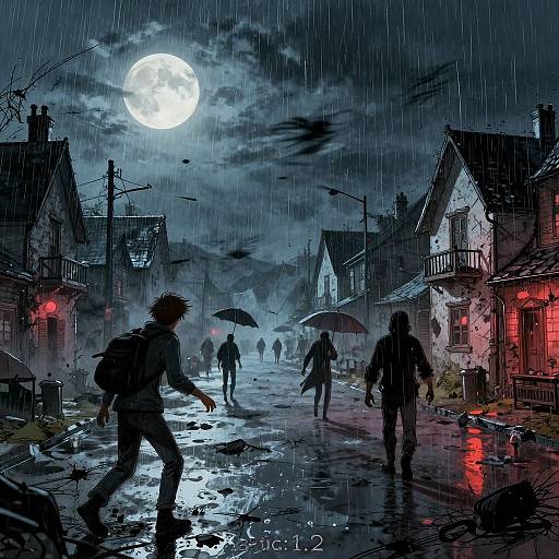 Digital art of a rainy, moonlit village street with silhouetted figures, red-lit buildings, and a full moon; artist watermark 