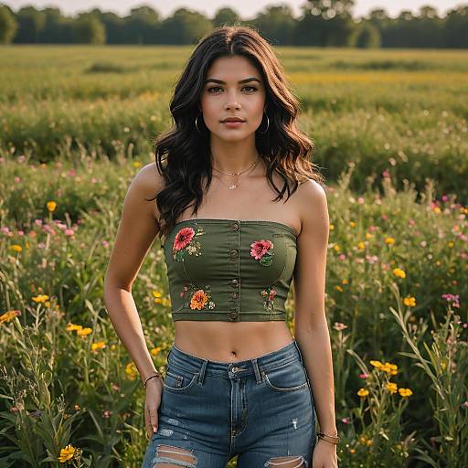 Woman in Olive Green Tube Top in Flower Field