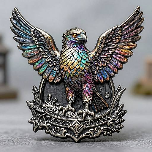 Colorful, detailed, metallic eagle with rainbow feathers, standing on an ornate, silver shield, set against a blurred, gray background. Digital artwork