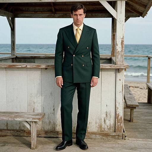 Photograph of a serious-looking man in a black double-breasted suit with gold buttons, yellow tie, standing under a weathered beach pavilion with