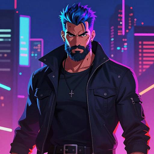 Digital illustration of a muscular, bearded man with blue and purple spiked hair, wearing a black jacket and cross necklace, set against a neon-lit
