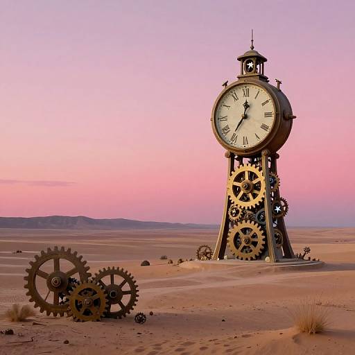 Photograph of a steampunk-style clock tower with gears in a desert at sunset, pink and purple sky, barren sand, and distant hills.
