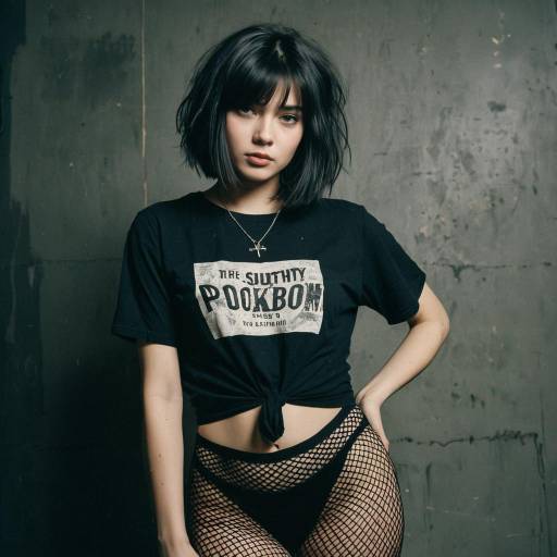 Young woman in black outfit with fishnet stockings