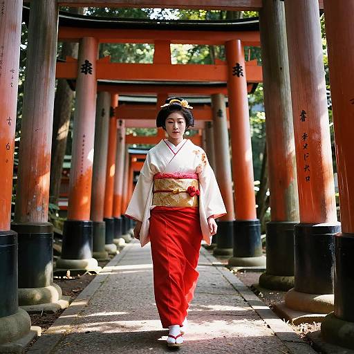 Graceful Shrine Maiden Walking Through Torii Gates
