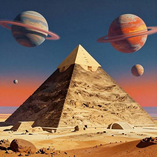 Photorealistic digital artwork of an ancient Egyptian pyramid with weathered stone texture, surrounded by five colorful planets against a vibrant orange and blue sky.