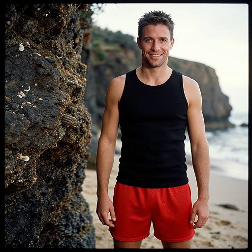 Photograph of a muscular, smiling man with short brown hair, wearing a black tank top and red shorts, standing by a rocky beach. Background shows