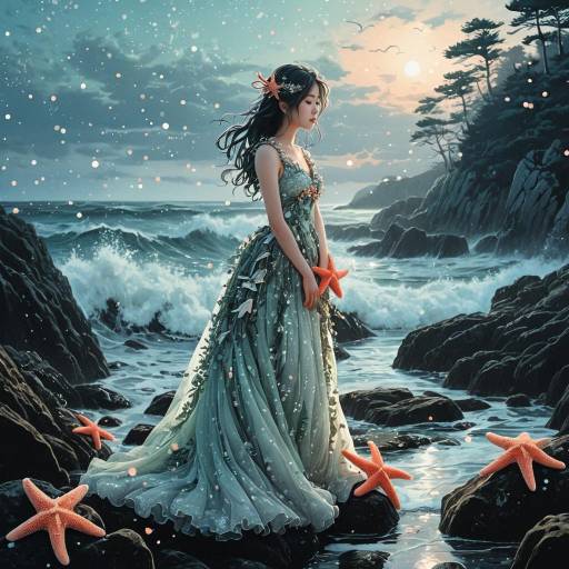 Whimsical Forest Nymph on Rocky Shore at Dusk Whimsical Forest Nymph on Rocky Shore at Dusk