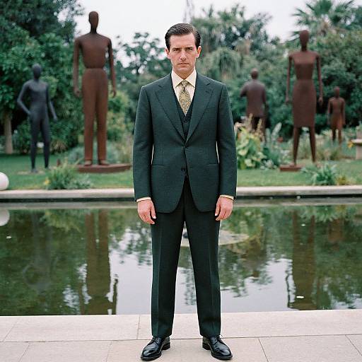 Photograph of a serious-looking man in a black suit standing in front of a pond with bronze statues in the background.