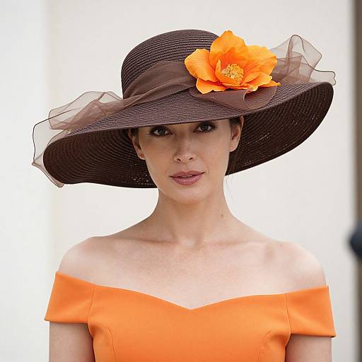 Photograph of a woman with fair skin, wearing an orange off-shoulder dress and a brown wide-brimmed hat adorned with a large orange