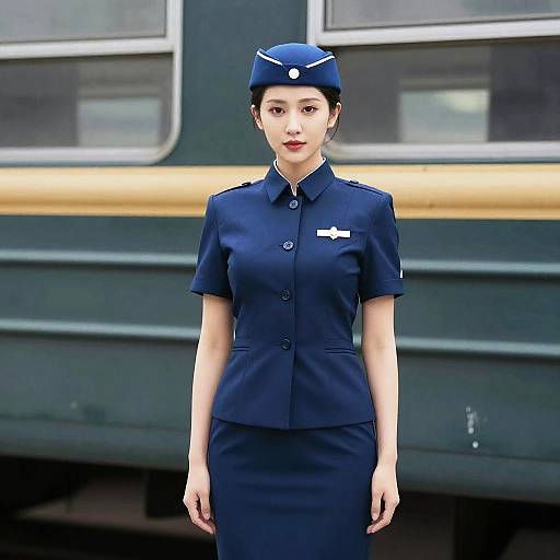 Woman in Blue Uniform by Train