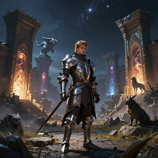 Digital fantasy artwork: A muscular, armored man with blond hair stands confidently with a sword in a mystical, starry night ruins, surrounded by glowing arch