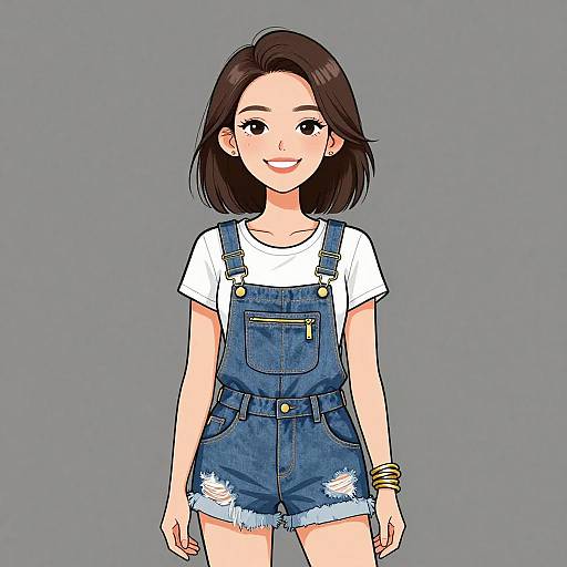 Digital anime-style drawing of a smiling young woman with shoulder-length black hair, wearing blue denim overalls over a white t-shirt, with gold bracelets on