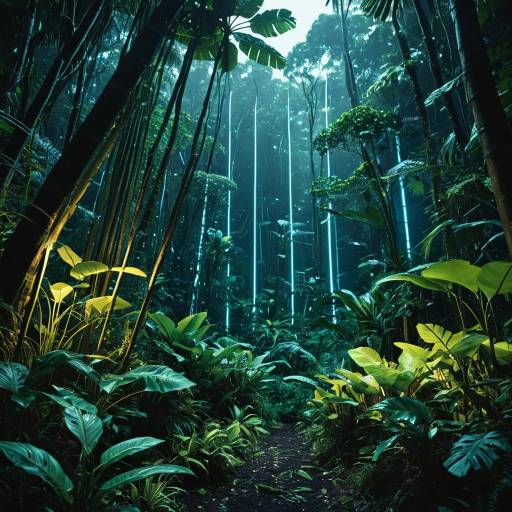 Futuristic Tropical Rainforest with Bioluminescent Lights Futuristic Tropical Rainforest with Bioluminescent Lights