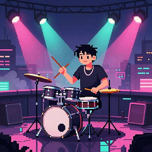 Pixel Anime Synth Musician Neon Rooftop