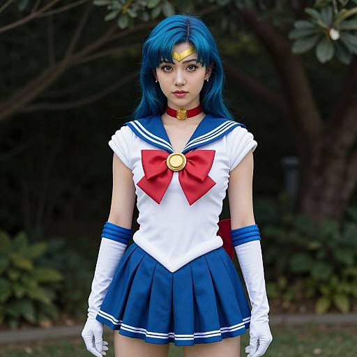 Digital CGI image of an anime-style girl with blue hair, wearing a Sailor Moon cosplay outfit, standing in a forest.