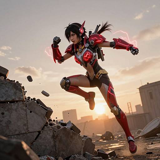 Digital artwork of a futuristic, anime-style warrior woman in red armor with glowing elements, leaping over rubble at sunset in a ruined cityscape.