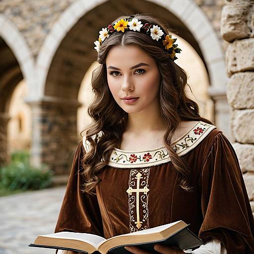 Young Woman in Medieval Costume Reading Book