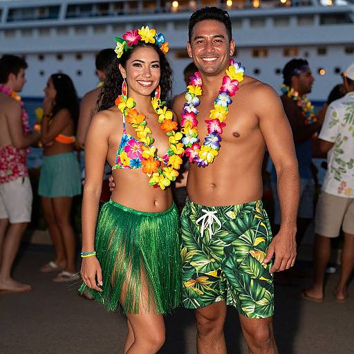 Photograph of a smiling couple in Hawaiian attire, wearing colorful flower leis and green hibiscus skirts, standing at a lively outdoor event with