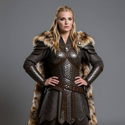 Photograph of a blonde woman in medieval-style, silver-embroidered armor with a fur-lined cape, standing confidently against a gray background.