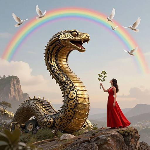Digital artwork of a woman in a red dress offering a rose to a golden, intricately designed serpent under a rainbow with white doves flying. Mountain