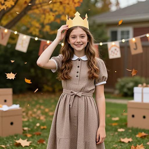 Photograph of a smiling young girl with long brown hair, wearing a brown checkered dress and a yellow paper crown, standing in a leafy backyard