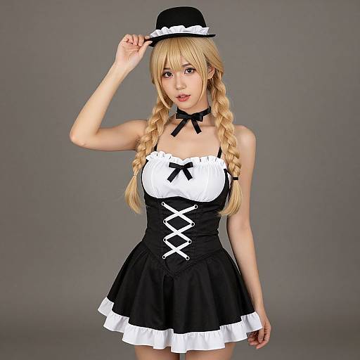 Digital anime-style image of a blonde woman with braids, wearing a black and white maid outfit, bow choker, and small black hat, against