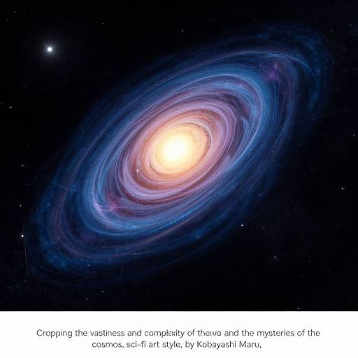 Photograph of a spiral galaxy with blue and purple swirling arms, bright central core, against a dark starry background. Text below reads: 