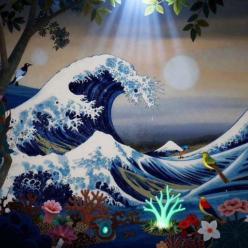 Bioluminescent Coral Reef with Birds and Flowers