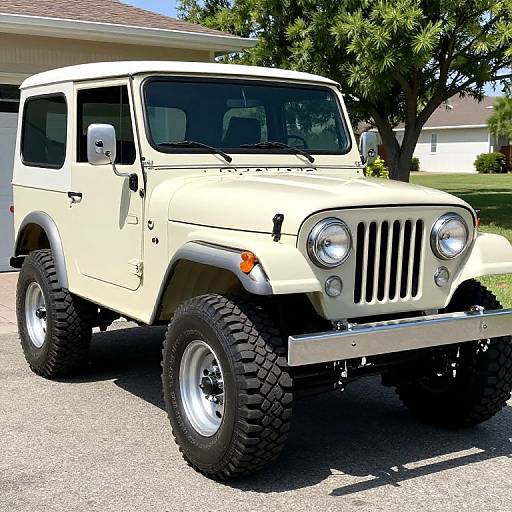 Photograph of a white, classic Jeep Wrangler with large black tires, chrome front bumper, and round headlights parked on a sunny suburban street.