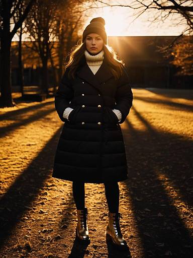 Woman in Black Down Puffer Coat at Sunset