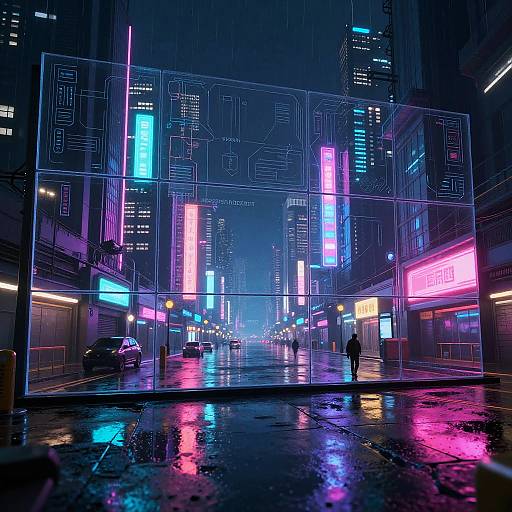 Neon-lit, cyberpunk city street at night, rain-soaked pavement reflecting vibrant pink, blue, and purple signs on tall buildings. Sil