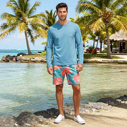 Photograph of a muscular, brown-haired man in a blue long-sleeve shirt and colorful floral shorts, standing on a rocky beach with palm trees