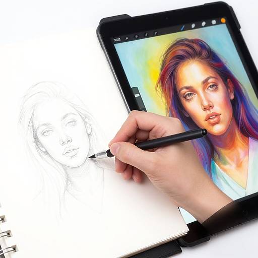 Photograph of a hand using a black pen to draw on a tablet screen displaying a colorful digital portrait of a woman with long, multicolored hair