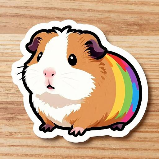 Digital drawing of an orange and white hamster with rainbow stripes on its side, sitting on a wooden surface.