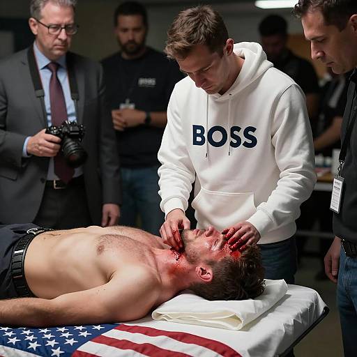 Bloodied Man with Hoodie and Camera Crew