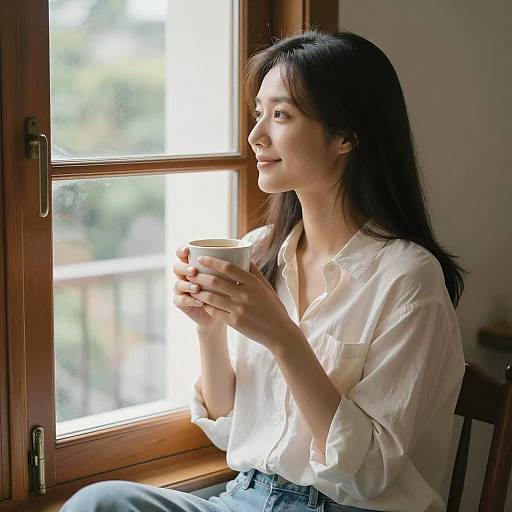 Calm Morning Coffee Portrait by Window