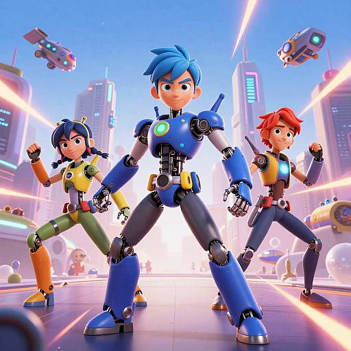 CGI image of three robot-themed, anime-style characters with blue, black, and red hair, standing confidently in a futuristic cityscape with flying drones
