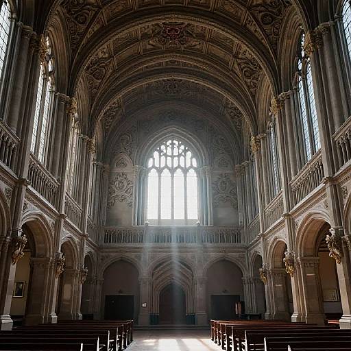 Photograph of a grand, Gothic-style cathedral interior with intricate arches, tall columns, large arched windows, and sunlight streaming through.
