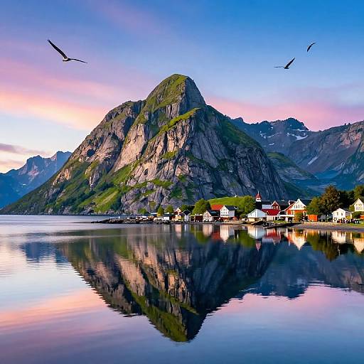 Photograph of a serene fjord with a reflective water surface, featuring a mountainous landscape, small village with red-roofed houses, and birds