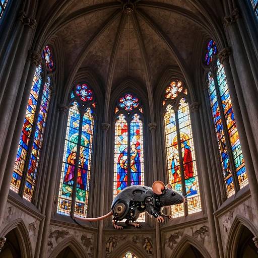 Photograph of a robotic mouse hovering above colorful, detailed cathedral stained glass windows, blending medieval and futuristic elements.