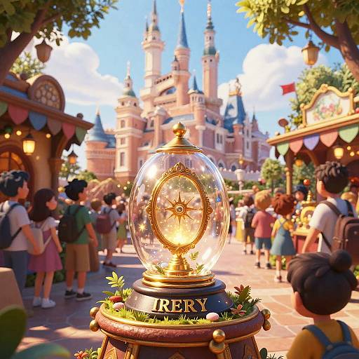 Photograph-like CGI of a bustling Disney-style castle plaza with a glowing, gold sun emblem in a glass orb labeled 